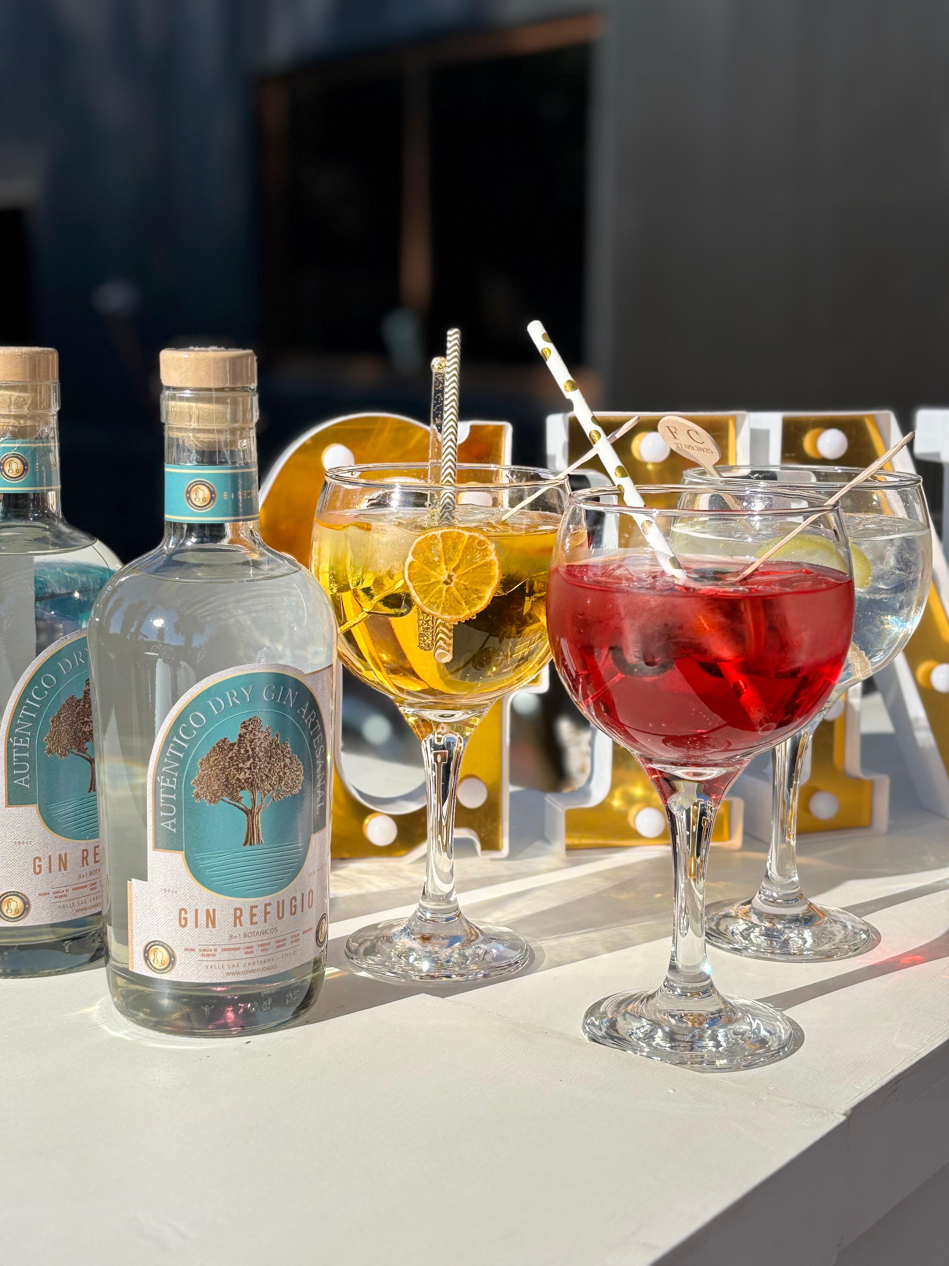 Gin Refugio con cócteles y letrero GIN